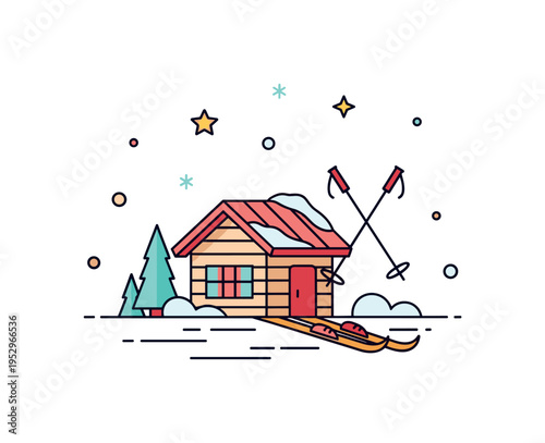 Ski resort vacation small chalet with ski poles crossed outside and gentle snow accents, symbolizing alpine leisure and active winter holidays. Minimalist flat