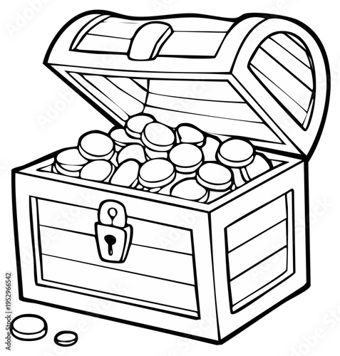 Open cartoon treasure chest brimming with golden coins line art illustration