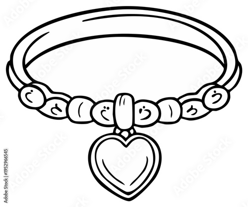 Black and white illustration of a necklace with a heart-shaped pendant