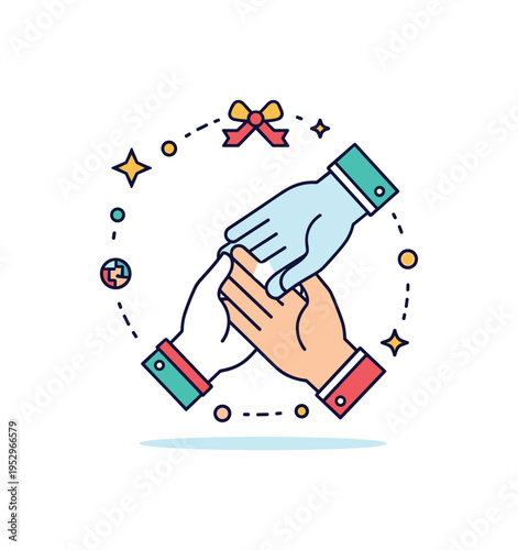 Wedding ritual tradition scene represented by intertwined hands with small ceremonial ribbon accent, symbolizing unity and meaningful custom. Balanced circular
