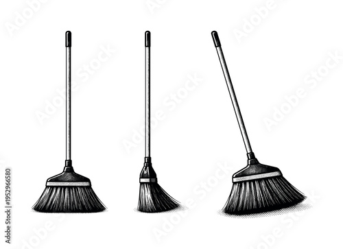 Broom full assembly A realistic complete broom with handle and bristle head shown in three views: full front view, side profile, and angled perspective,