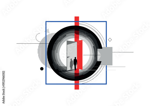 Black and white teleportation portal depicted as large circular doorway with small human silhouette stepping through, bold blue square framing the portal, red