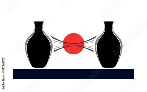 Black and white twin vases mirrored symmetrically, oversized red circle centered between them, deep navy rectangular base connecting both forms, abstract