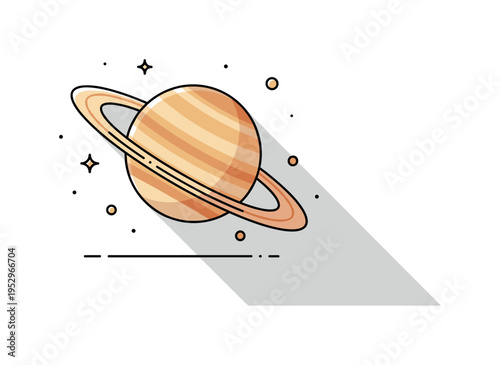 Saturn inspired ring system stylized striped planet with wide tilted rings casting a soft shadow, conveying scale, balance and fascination with deep space