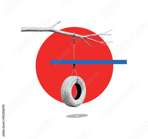 Black and white tire swing hanging from minimal abstract tree branch, bold red circular backdrop reinforcing the tire shape, blue horizontal bar cutting across