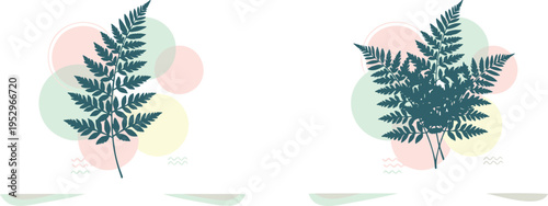 Flat vector illustration of boho fern leaves with pastel geometric circle overlays in a minimalist botanical art style.