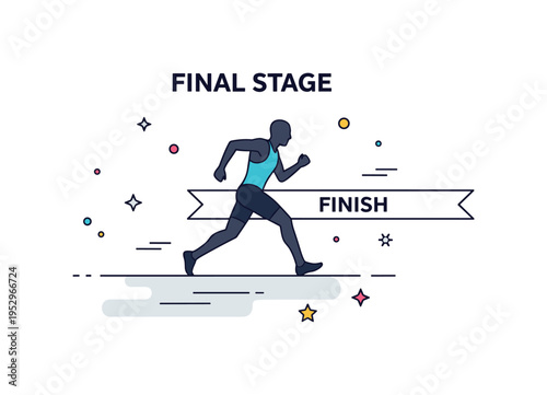 Final running stage in triathlon illustrated by an athlete silhouette sprinting toward a minimal finish line ribbon, conveying determination, stamina and race