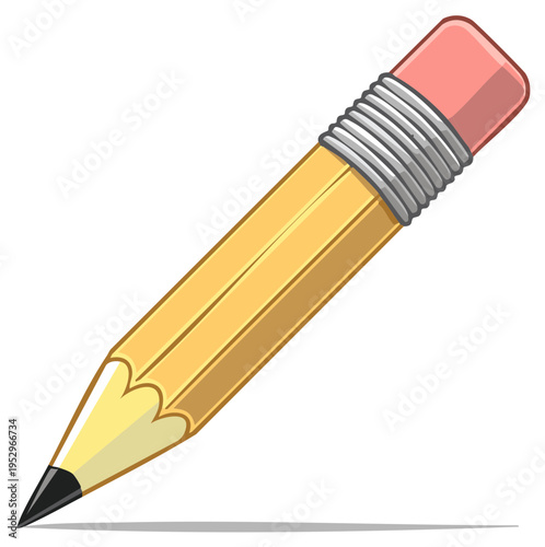 Vector illustration of a classic yellow wooden pencil with a pink eraser and sharpened lead for writing drawing and school office supplies