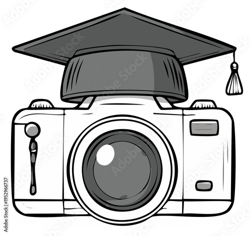 Photography school graduation concept illustration with a camera wearing a mortarboard cap
