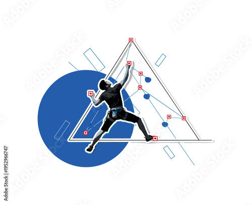 A monochrome realistic silhouette of a climber reaching toward a minimal geometric peak shape, large cobalt blue circle grounding the composition, thin