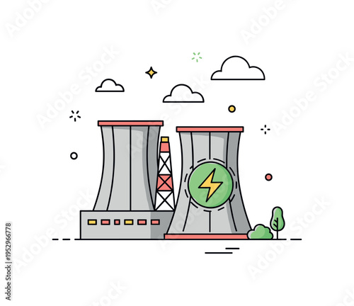 Nuclear energy low emission plant illustration featuring cooling tower silhouettes with a soft green energy icon, expressing stable baseload power with reduced