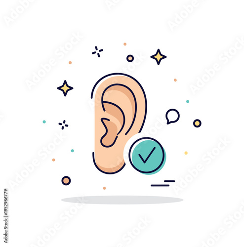 Empathy and attention badge centered on a single ear icon combined with a small check mark representing validation and acknowledgment. The cohesive composition