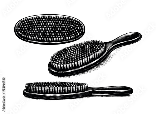 Hairbrush ? vintage hand hairbrush with curved back and dense bristle pattern, depicted in top view, angled view, and side profile to emphasize curvature.