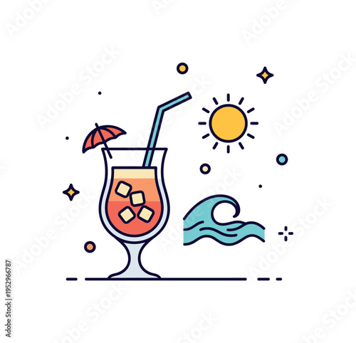 Pina colada beach vacation concept with a chilled cocktail glass paired with a small sun and gentle wave symbol forming a bright holiday emblem. The scene