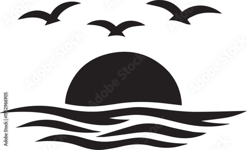 Minimalist black and white silhouette of a sunset over the ocean waves with flying birds Vector, illustration