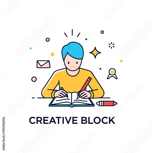 Creative block breakthrough concept illustrated by a writer writing confidently in a notebook with a small star burst accent above, expressing momentum and