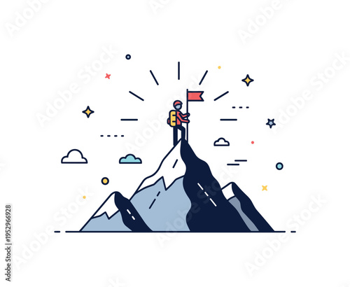 Mountain summit lone climber standing on a sharp peak with a small flag planted at the top and subtle sun rays behind, expressing achievement, ambition, and