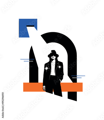 Black and white confident figure standing under abstract geometric arch like spotlight frame, bright electric blue square anchoring upper background, orange