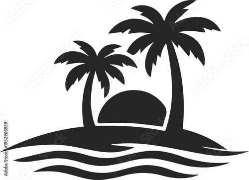 Black silhouette of a tropical island with two palm trees and a setting sun over ocean waves Vector, illustration