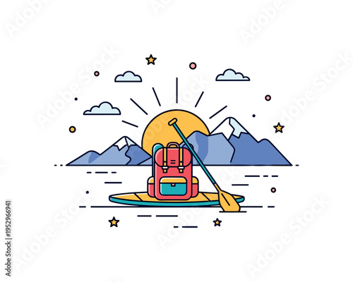 Adventure travel sunrise paddle scene featuring a compact backpack icon on the board and distant mountain silhouettes, conveying exploration, wanderlust, and