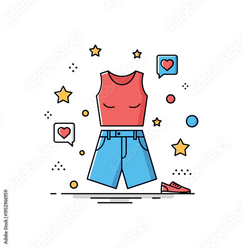 Youth driven thrift culture illustrated by a stylish outfit icon surrounded by small stars and social media heart symbols, expressing popularity of resale