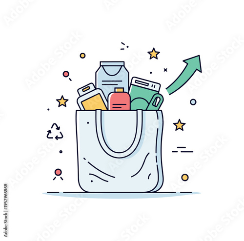 Sustainable consumer trends shown through a reusable tote bag filled with gently outlined secondhand items and a small upward arrow, highlighting shift toward