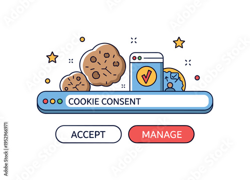Cookie consent banner simplified browser bar with Accept and Manage buttons beneath, symbolizing privacy settings and user data transparency. Minimalist flat