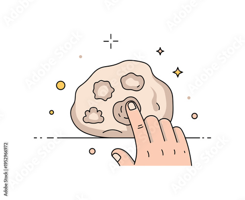 Clay texture exploration illustrated by fingers gently pressing into soft material with visible simple imprint shapes, highlighting sensory detail and material