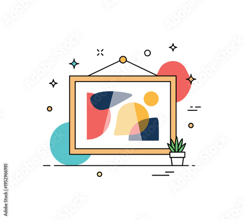 Modern art gallery concept centered on a framed abstract canvas with balanced shapes and a small spotlight detail, conveying contemporary design appreciation