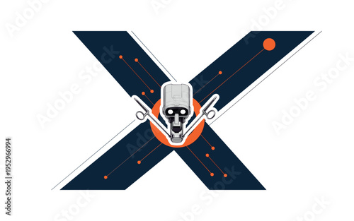 Minimalist composition featuring a monochrome surgical robot head unit centered with small precise instrument arms extending outward, white outline creating