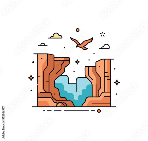 Wildlife in canyon habitat illustrated with simplified cliffs and a small soaring eagle silhouette, conveying freedom and rugged environment. The clean badge