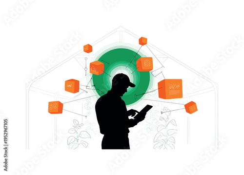 Black and white farmer silhouette monitoring digital tablet inside greenhouse, oversized emerald green sun-like circle behind the figure, orange geometric