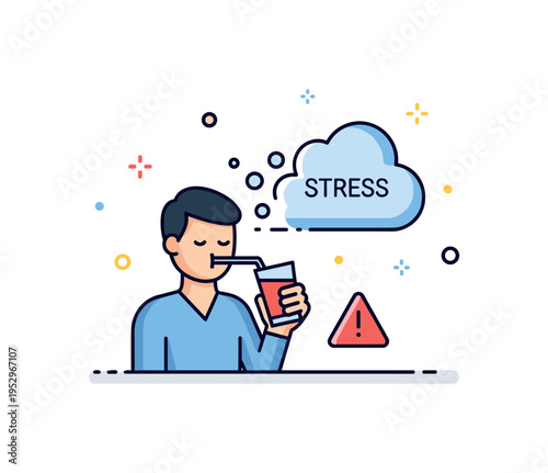 Coping with pressure through drinking illustrated by a figure silhouette with a small glass icon near a fading stress cloud, symbolizing emotional relief