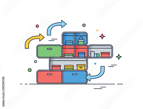 Modular wardrobe layout concept illustrated through stacked compartments that can be rearranged with curved motion arrows, conveying adaptability, efficiency,