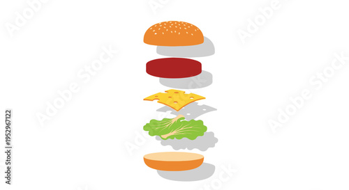 A colorful illustration of a hamburger with its ingredients floating in mid-air