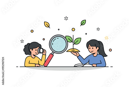 Biology experiment discovery showing students examining a plant sample with magnifying glass and small leaf icon accents, representing observation
