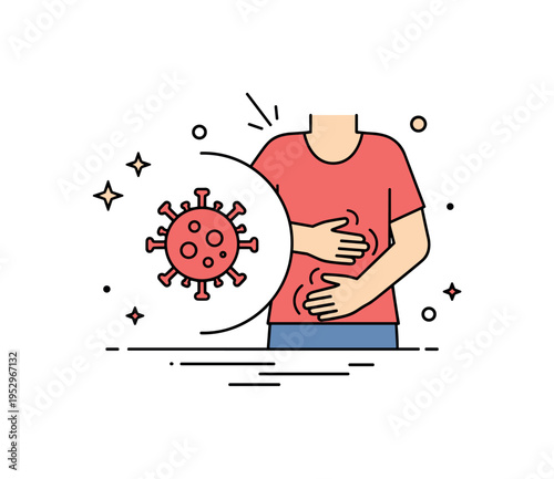 Stomach virus symptom badge centered on a simple virus icon beside a figure holding their abdomen, symbolizing temporary illness and digestive upset. A clean