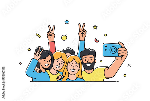 Celebration selfie illustration capturing friends raising peace signs and leaning into the camera, expressing excitement and togetherness. The compact badge