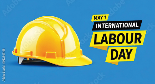 A vibrant illustration for International Labour Day on May 1st, featuring a yellow construction hard hat on a blue background to celebrate workers worldwide.