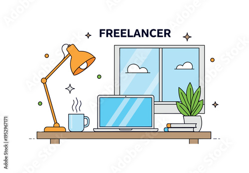 Freelancer lifestyle setup featuring a cozy desk with laptop, coffee mug, and small plant near a window, expressing independence and flexible work rhythm. The