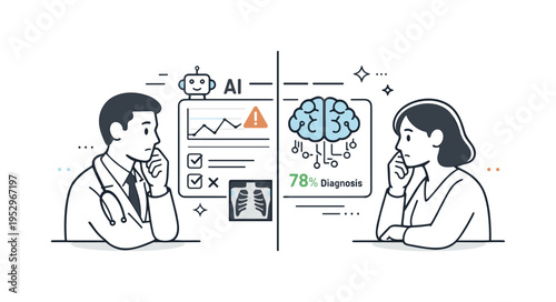 Algorithmic diagnosis concern. A doctor and patient looking at the same AI dashboard, separated slightly by a thin screen line. Shared focus, hesitation, and