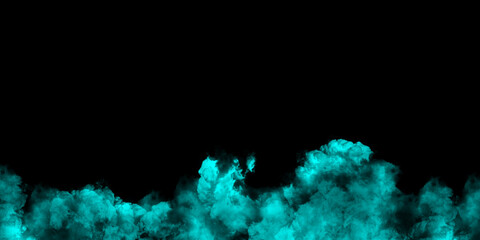 Cyan blue smoke border on black background, abstract turquoise fog at the bottom with copy space