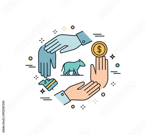 Community conservation fund badge centered on interlinked hands around a small animal silhouette and coin icon symbolizing collaborative funding efforts.