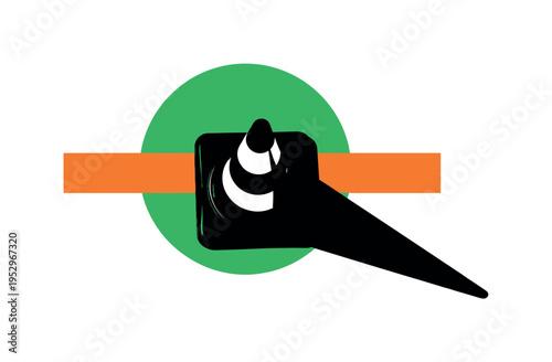Top-down view black and white construction cone casting sharp shadow, green circular shape sliced by horizontal orange bar behind it, geometric minimal layout