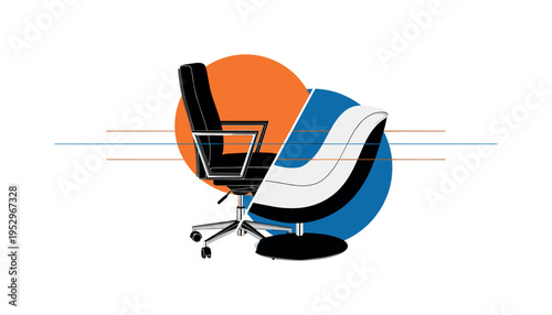 Black and white chair split into two forms, one half a rigid office chair made of sharp rectangles, the other half a soft lounge chair formed by smooth curves,