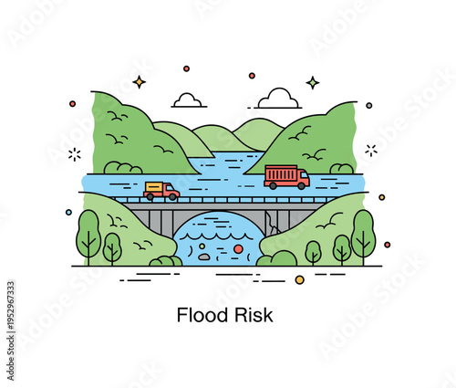 Flooded valley infrastructure damage illustration with a minimal bridge partially submerged and water flowing beneath, expressing vulnerability of transport