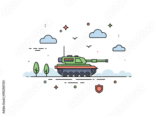 Armored vehicle patrol scene with a tank positioned against a simple horizon line symbolizing security and controlled territory. Minimal cloud shapes and soft