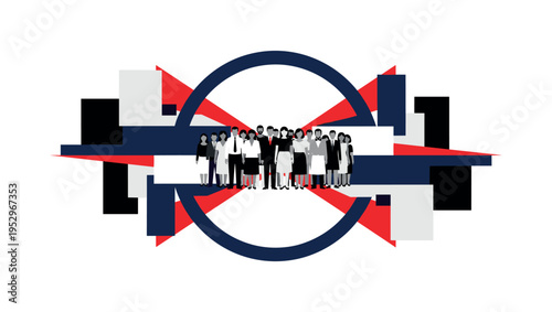 monochrome group of people standing side by side in unity, bold navy circular frame intersected by red geometric accents, abstract flat blocks arranged