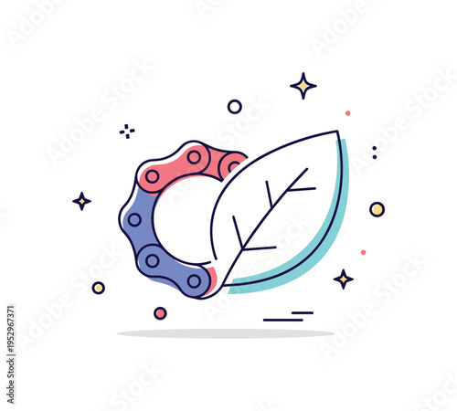 Bicycle chain sustainability and eco transport theme with a chain loop subtly shaped into a leaf outline. The composition conveys environmentally friendly