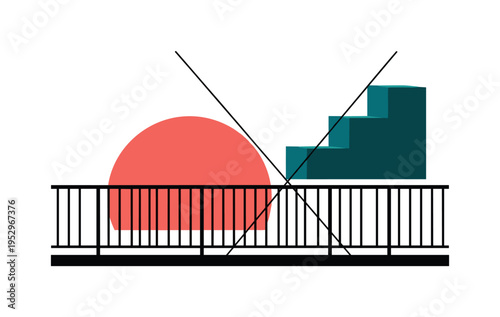 Black and white resort balcony with ocean view, bold coral semicircle behind railing symbolizing sunset, deep turquoise geometric blocks stacked like distant